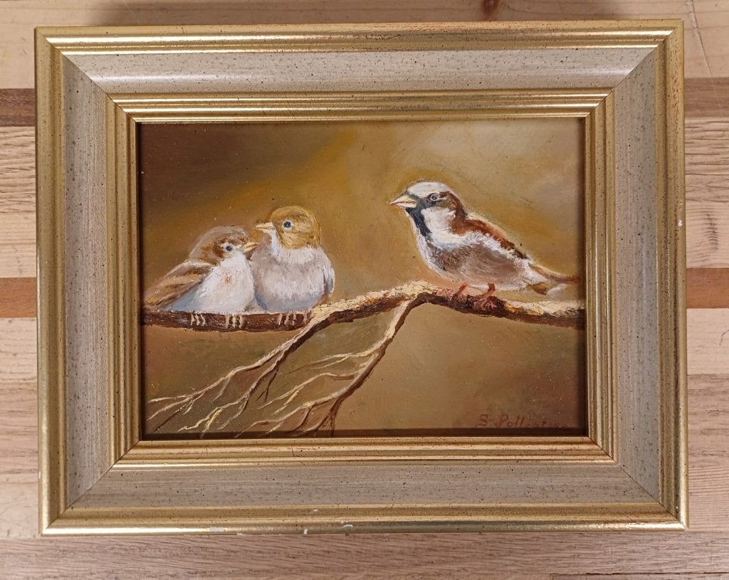 Schilderij - geschilderd naar Pollentine - mussen op tak, Antiek en Kunst, Ophalen of Verzenden