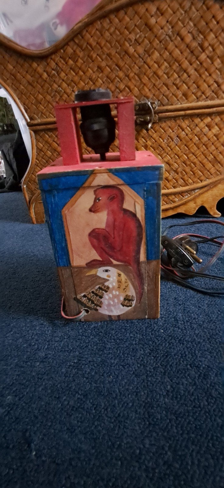 Unieke handgeschilderde houten tafellamp met dieren, Met schakelaar, Gebruikt, Meerkleurig, Hout