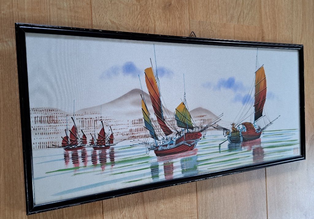 Gesign. chinees zijde schilderij boot jonken China oriental, Schilderij, Natuurlijk materiaal, Verzenden, China