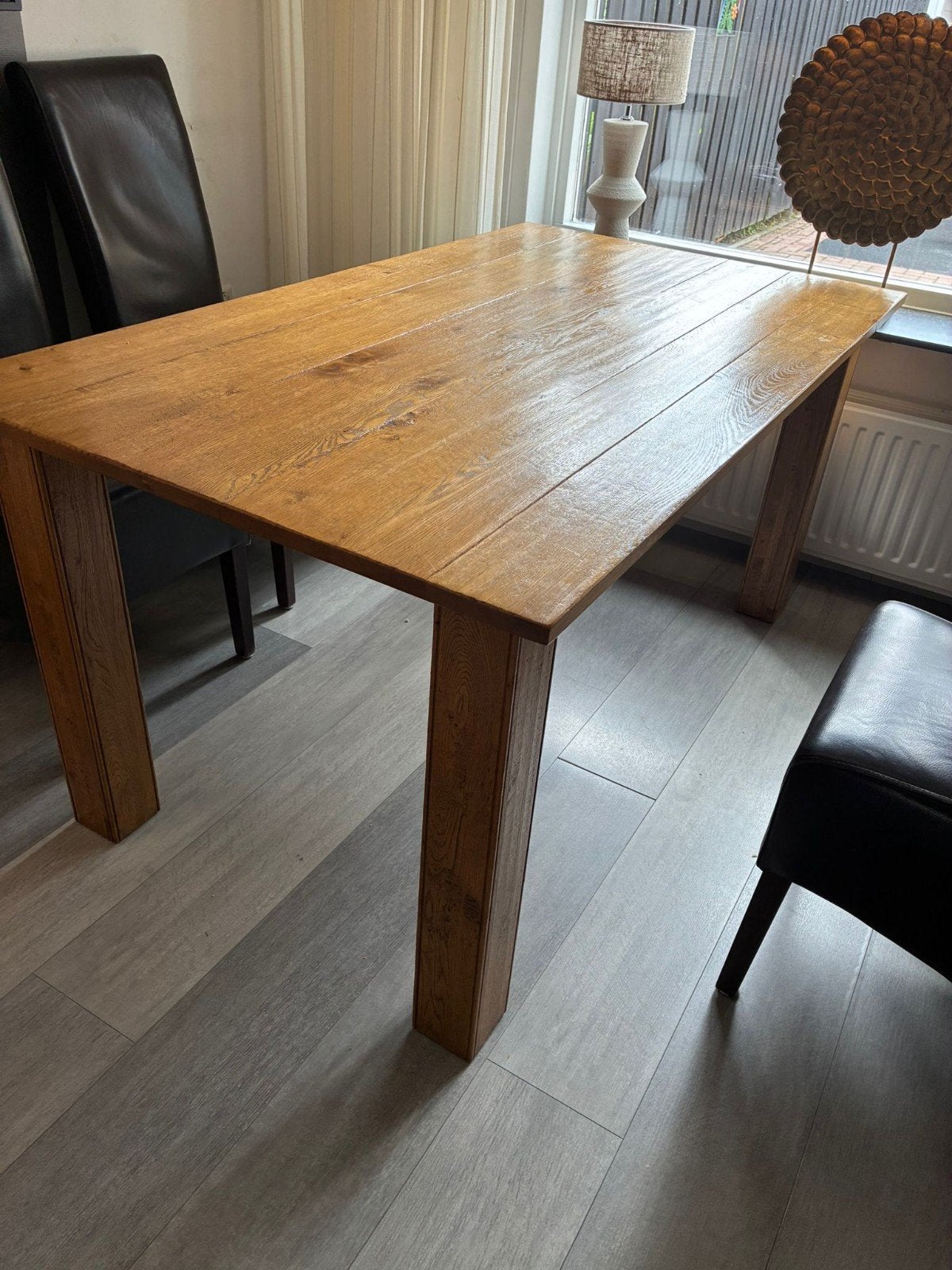 Zwaar eikenhouten eetkamer tafel, Ophalen, 50 tot 100 cm, Zo goed als nieuw, 150 tot 200 cm