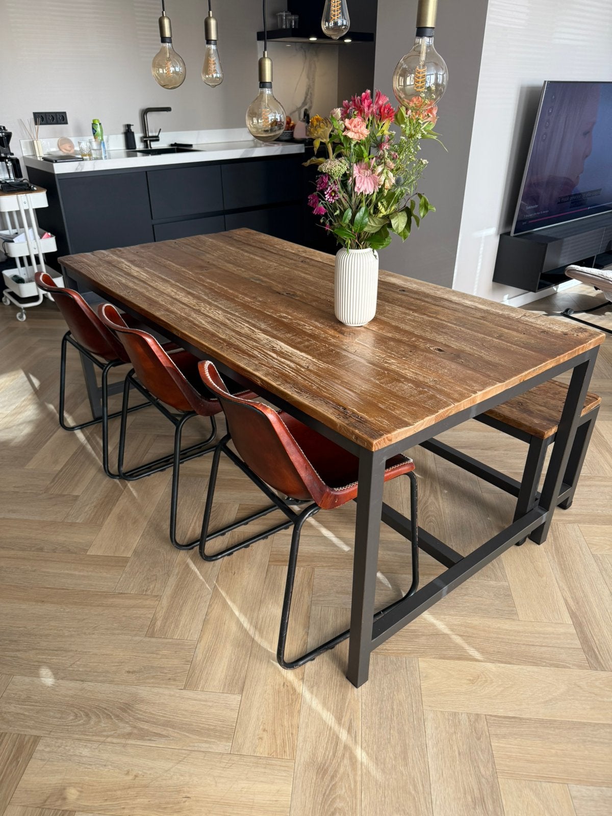 Prachtige industriële eettafel set, Zo goed als nieuw, 150 tot 200 cm, Rechthoekig, 50 tot 100 cm