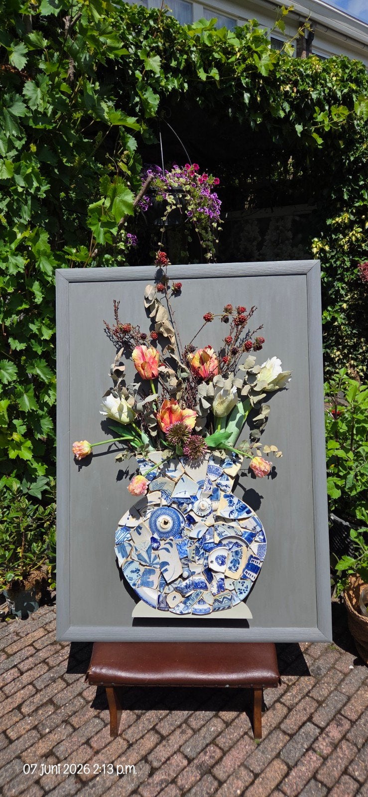 Uniek handgemaakt wandkunstwerk – Delfts blauw mozaïek vaas, Antiek en Kunst, Ophalen