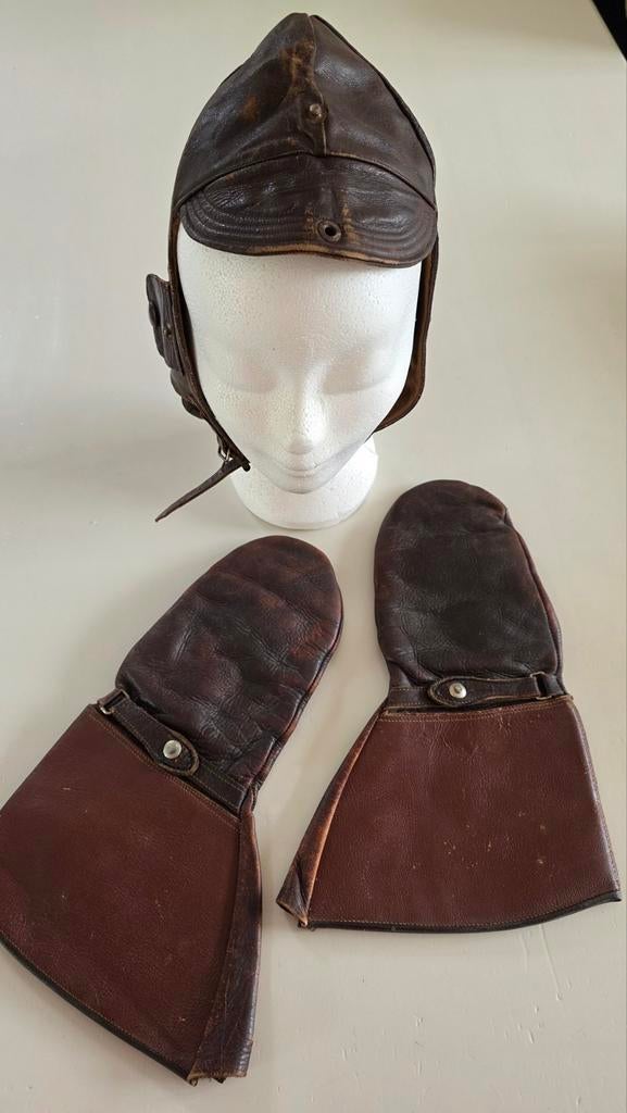 Vintage Leren Vliegershelm en Handschoenen, Antiek en Kunst, Antiek | Overige Antiek, Ophalen of Verzenden