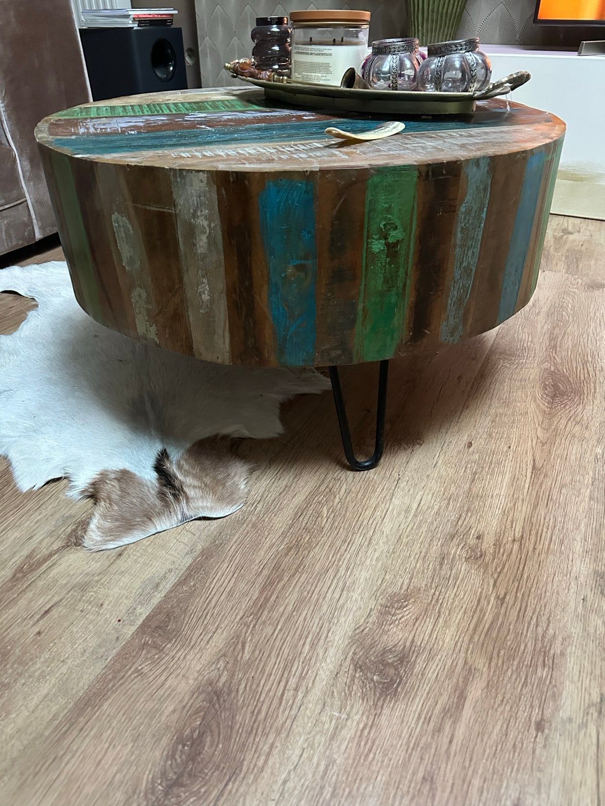 Unieke ronde salontafel van gerecycled hout, Ophalen