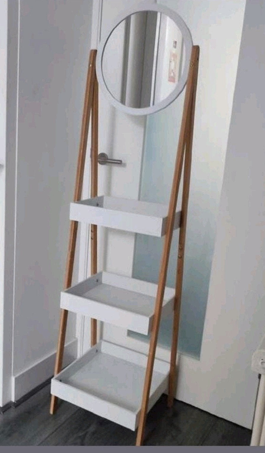 Houten Stelling kast met ronde spiegel, 3 schappen 40x40x160, Ophalen, Gebruikt