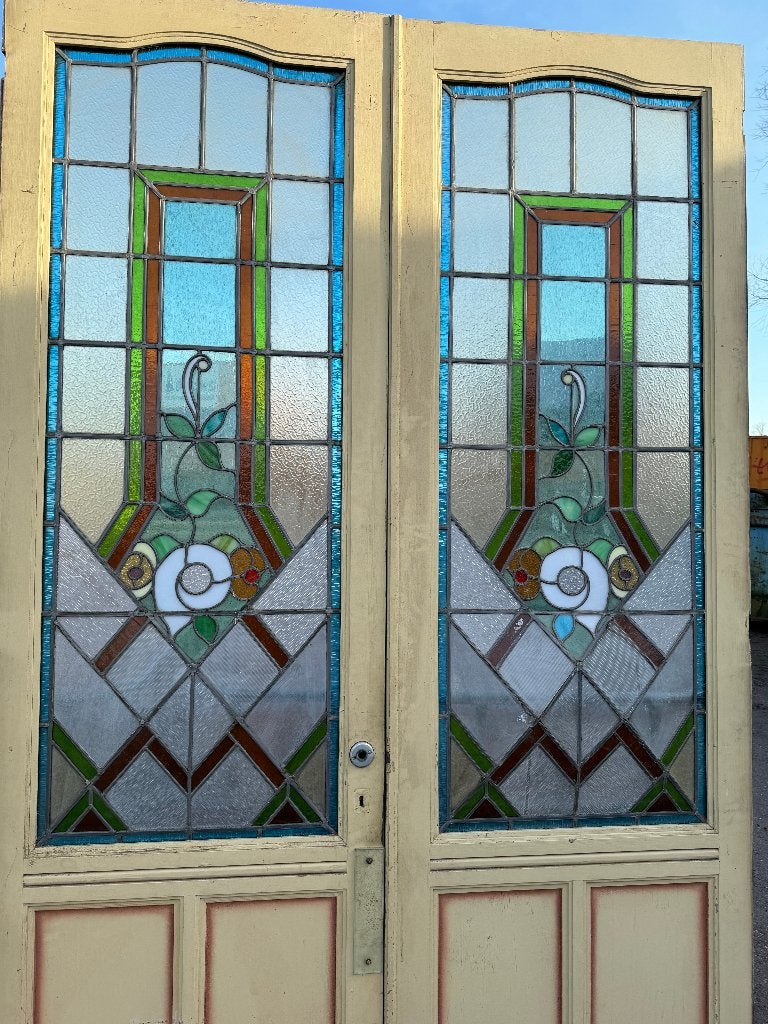 Set Jugendstil openslaande glas in lood deuren 257x154cm., Ophalen