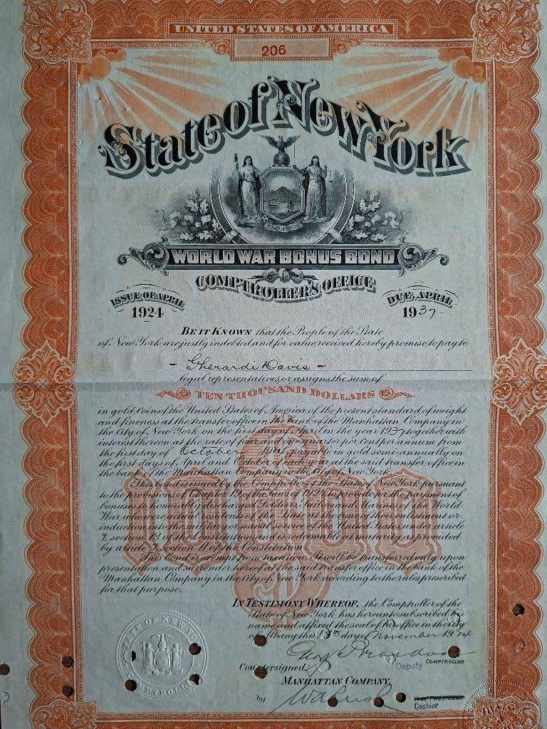 State of New York World War Bonus Bond, 1924, Ophalen of Verzenden, Aandeel