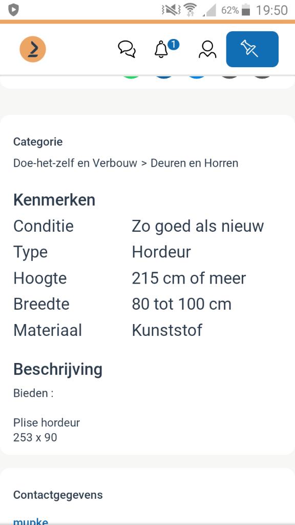 Plisse hordeur, Doe-het-zelf en Verbouw, Deuren en Horren, Ophalen, Kunststof, 80 tot 100 cm, 215 cm of meer