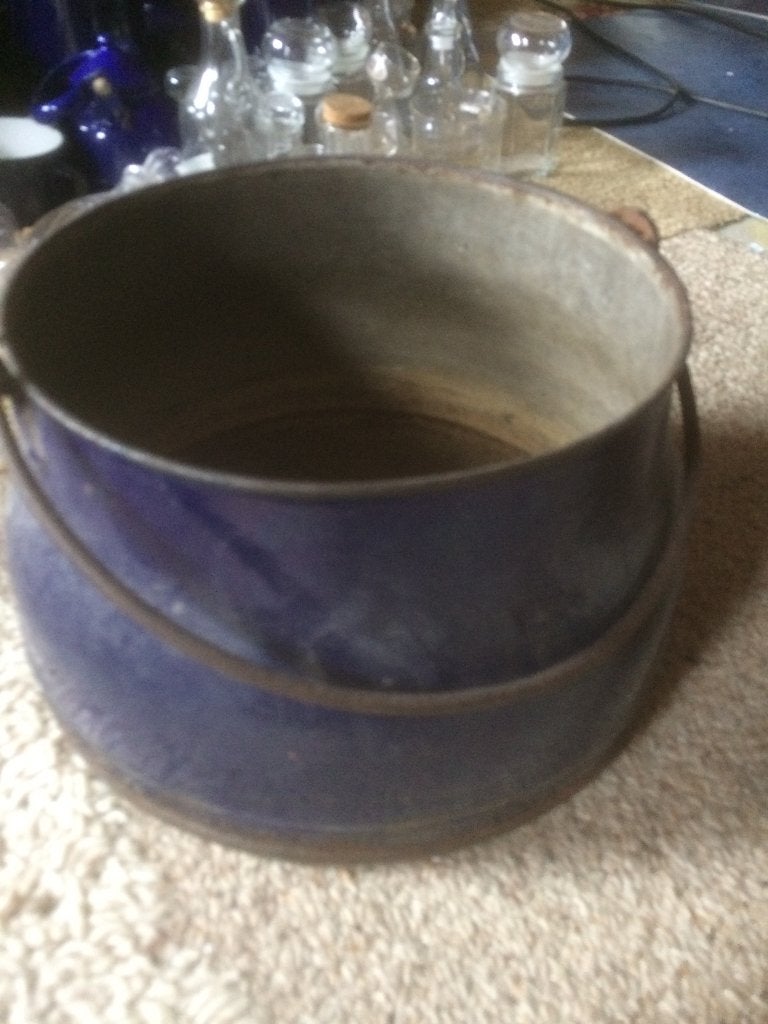 Pot ketel met hengsel blauw emaille  vlakke  bodem, Ophalen of Verzenden