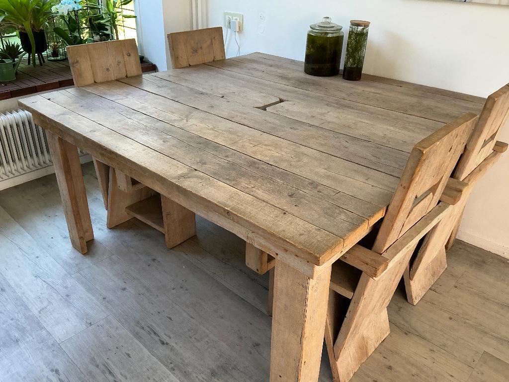 Vierkante steigerhouten eethoek met tafel en ACHT stoelen, Ophalen, Gebruikt, Zwaar steigerhout, 4 tot 6 stoelen