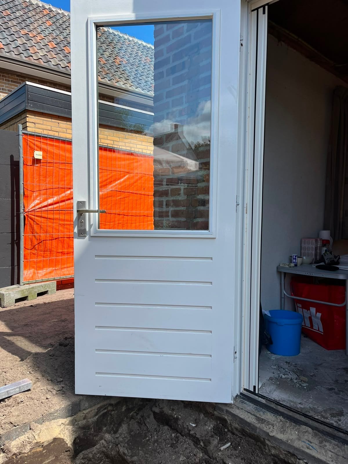 Buitendeur met glas en panelen, wit of donkergroen, Ophalen, Gebruikt, 80 tot 100 cm, Buitendeur