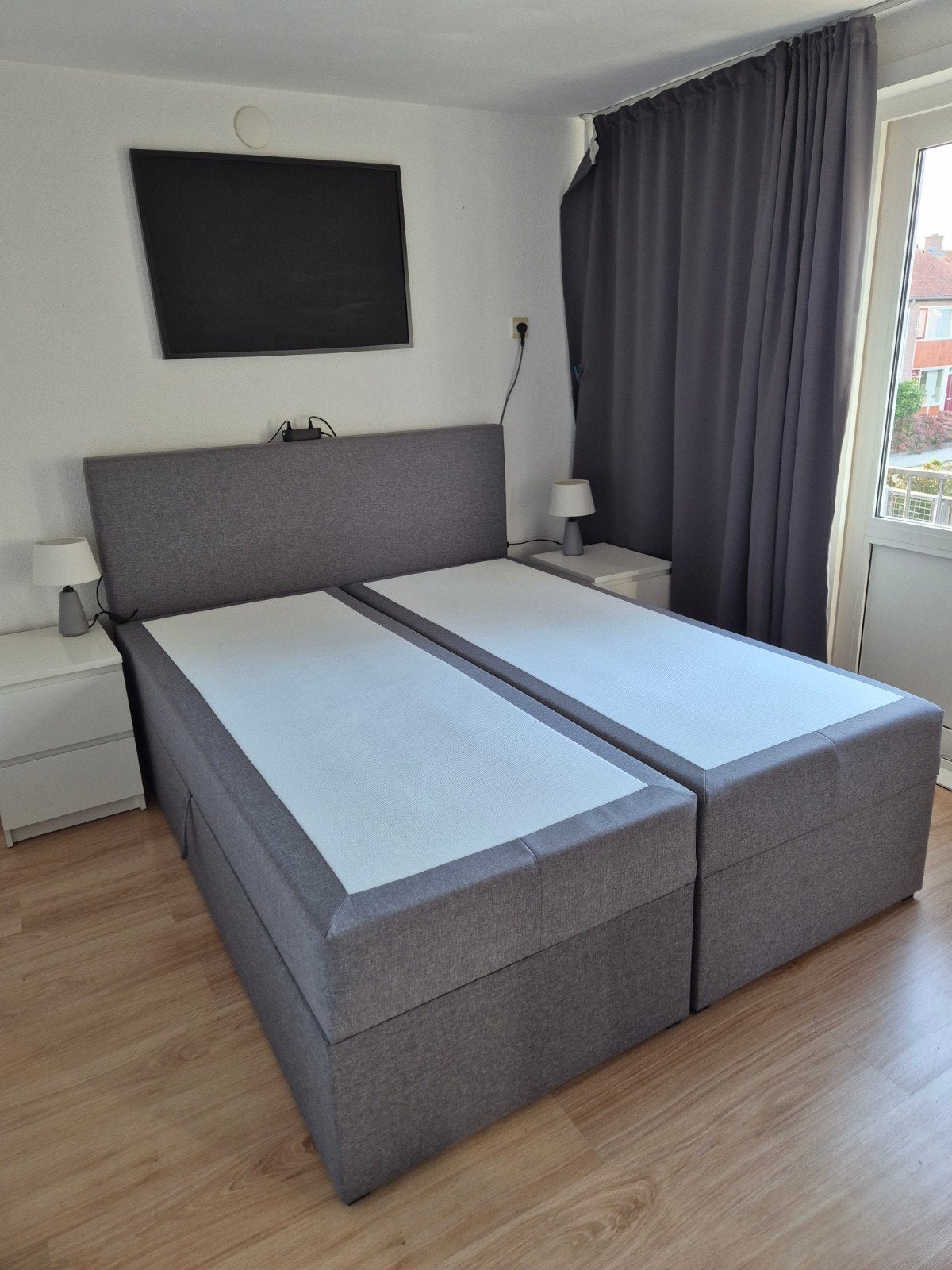 Bed boxcombinatie - Grijs, 160x200 cm, Ophalen, Tweepersoons, Zo goed als nieuw, 200 cm