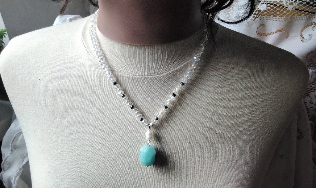 Prachtige Ketting Parels Amazoniet Hanger Kristal 925 slot, Overige materialen, Wit, Nieuw, Ophalen of Verzenden