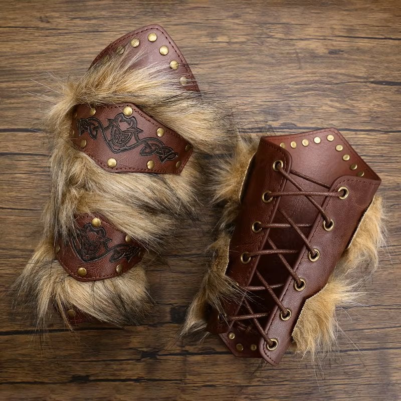 Bruine viking armbeschermers met nep bont, Verzenden, Nieuw, Accessoires