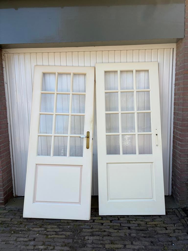 2 massief houten opdekdeuren met glas, Doe-het-zelf en Verbouw, Deuren en Horren, Ophalen, Gebruikt, 80 tot 100 cm, Binnendeur