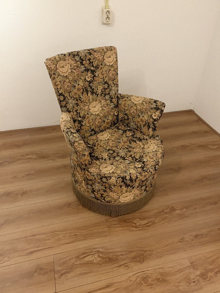 Vintage cocktailfauteuil met bloemenmotief en franjerand, Ophalen, Gebruikt, 75 tot 100 cm, Stof