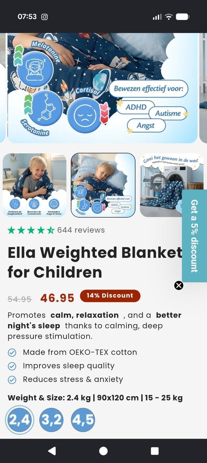 Ella verzwaringsdeken voor kinderen - 2.4 kg, Ophalen, Wasbaar, Deken