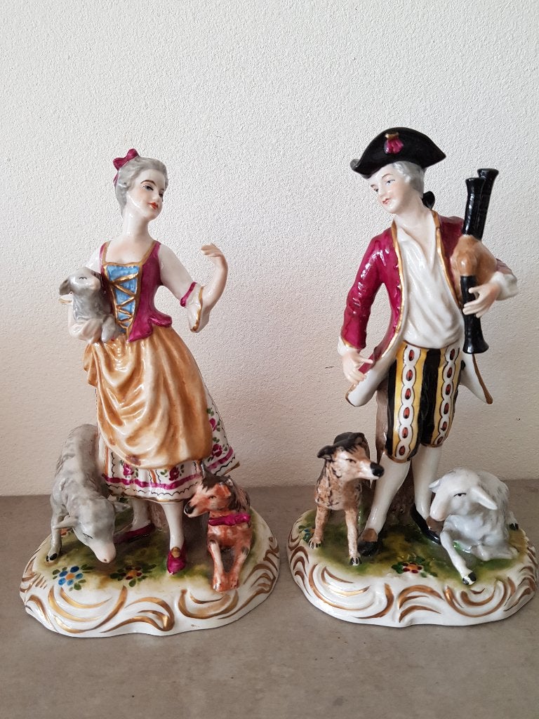 Antieke porseleinen beeldjes: Herder Herderin stijl Meissen, Ophalen of Verzenden, Zo goed als nieuw, Mens
