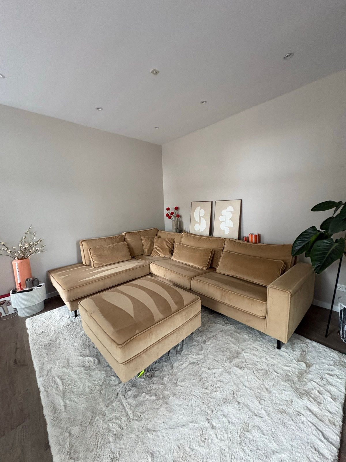 Velvet hoekbank met hocker, Huis en Inrichting, Banken | Bankstellen, Ophalen, Gebruikt, Hoekbank, Stof