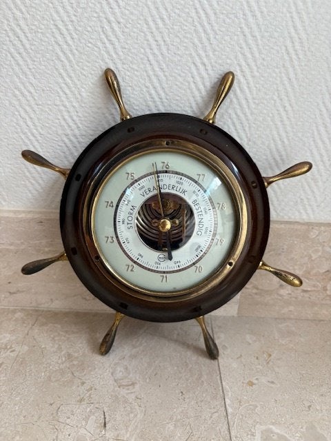 Vintage decoratieve Barigo barometer in de vorm scheepsroer, Ophalen of Verzenden, Gebruikt, Barometer