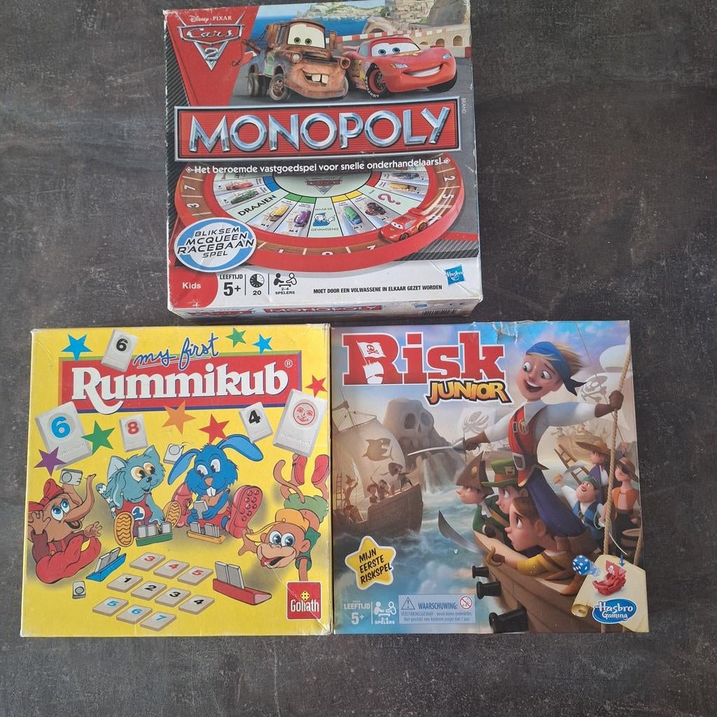 Monopoly Cars, Rummikub My First & Risk Junior (3 spellen), Hobby en Vrije tijd, Gezelschapsspellen | Bordspellen, Vijf spelers of meer