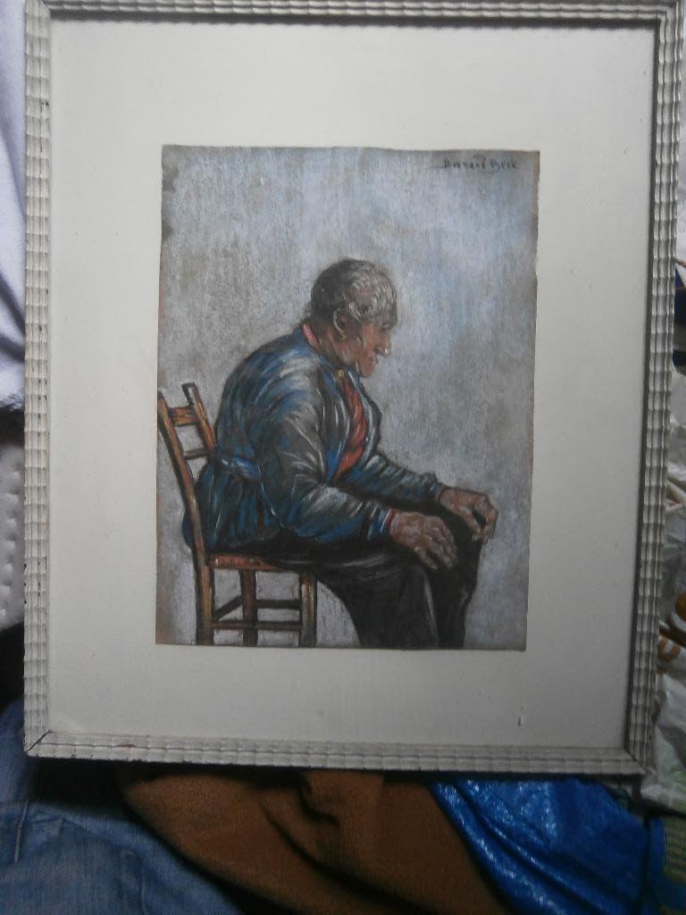 Mooi aquarel LARENS Boertje op een stoeltje, Ophalen of Verzenden