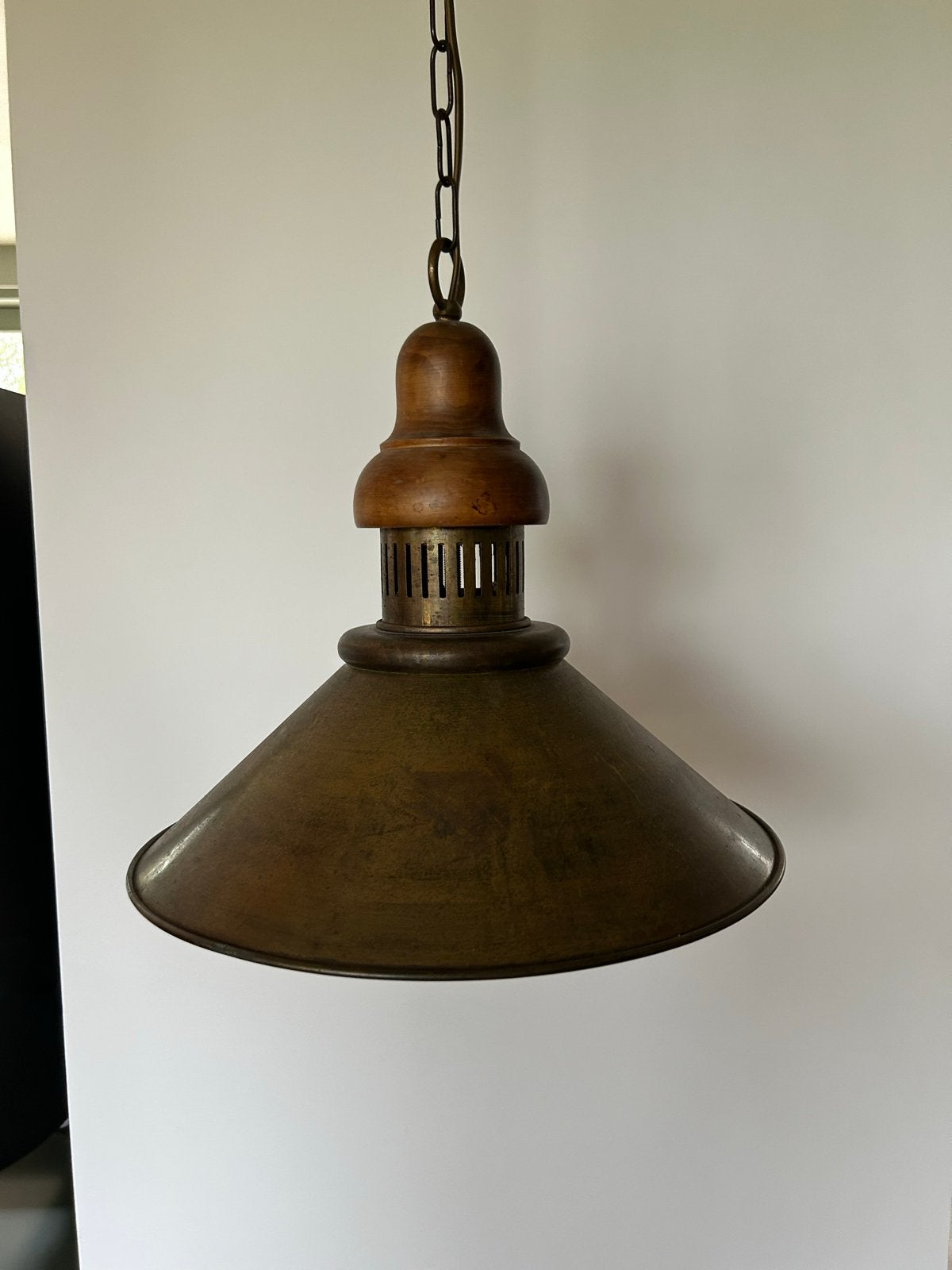 Vintage Industriële Hanglamp Brons/Messing met Hout, Ophalen of Verzenden