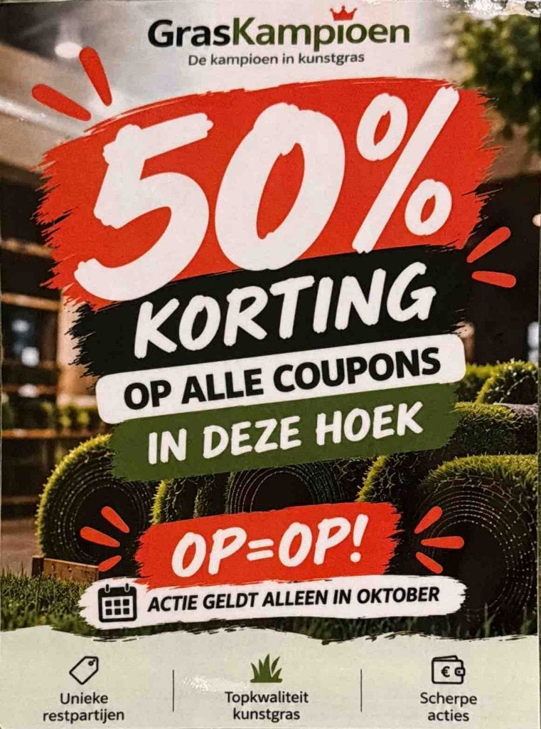 KUNSTGRAS 50% KORTINGS ACTIE - Kunstgras reststukken te koop, Ophalen of Verzenden, Nieuw, Minder dan 10 m², Kunstgras