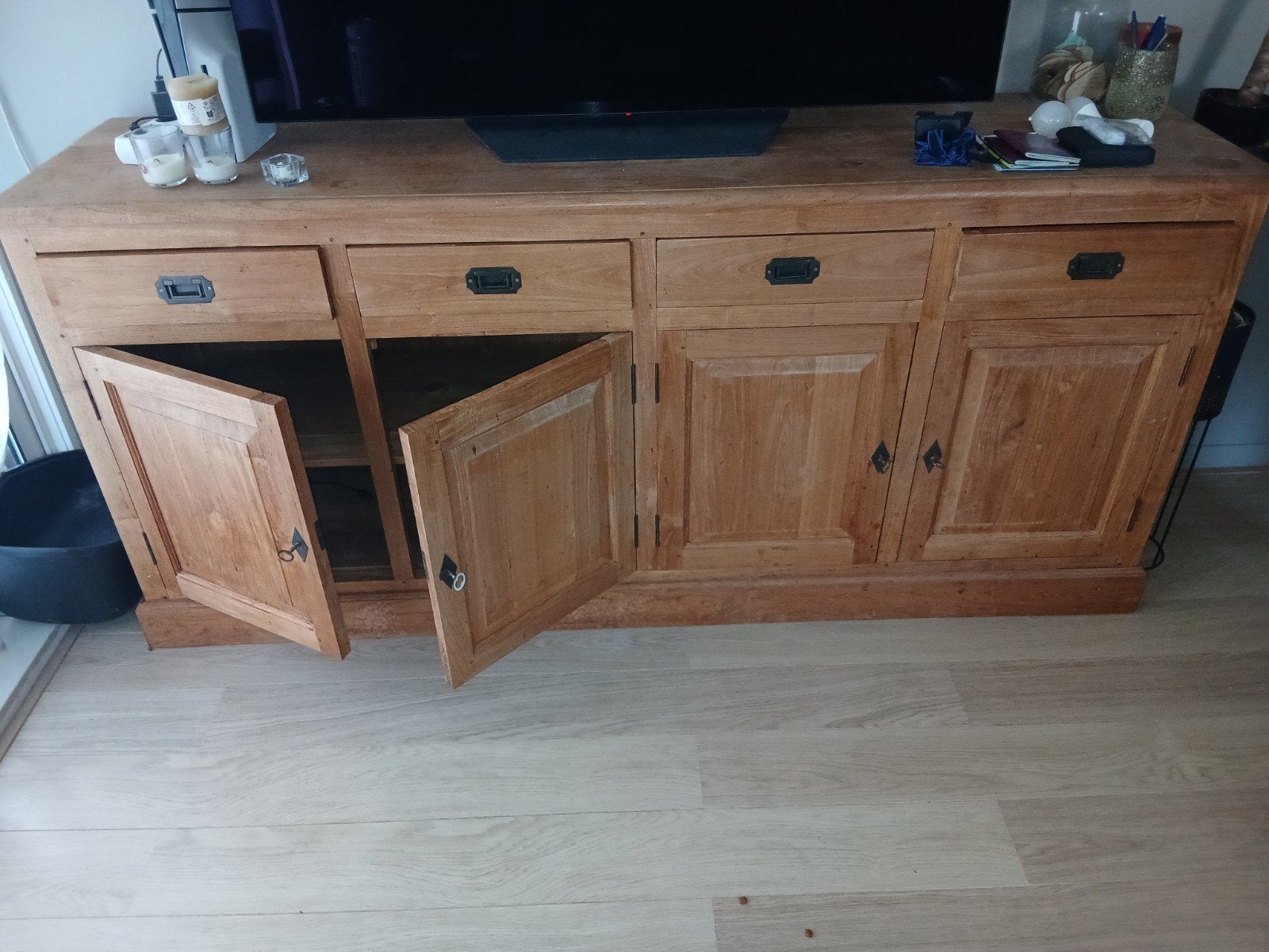 Teakhouten TV-meubel met lades en deuren, Gebruikt, Landelijk, Koloniaal, 150 tot 200 cm, Teakhout