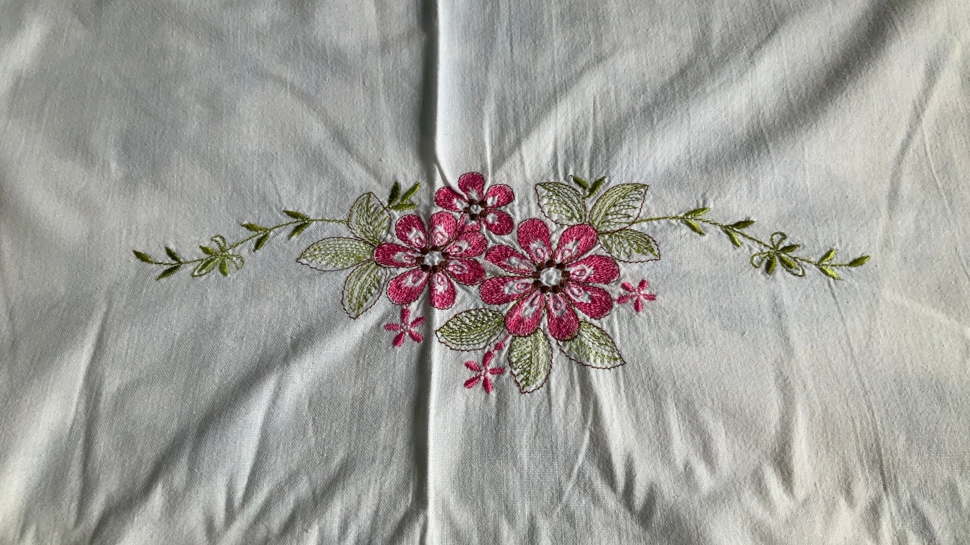 Vintage wit katoenen 1-pers.laken met bloemborduur/170x220cm, Gebruikt, Eenpersoons, Wit, Overige typen