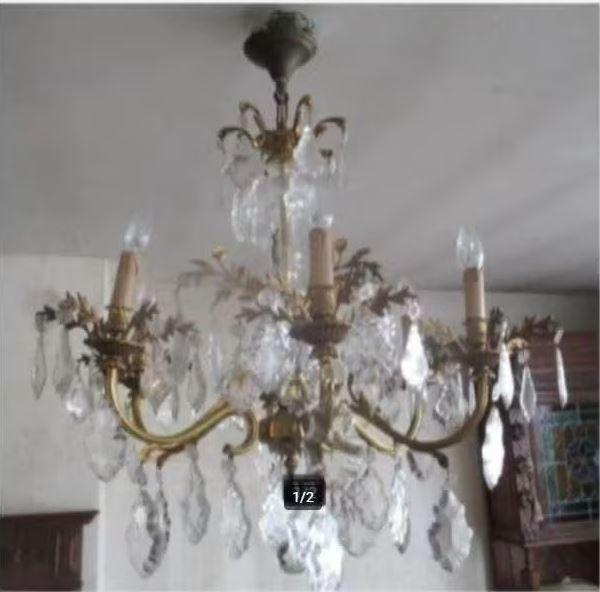 Prachtig Grote Antieke Koperen Luchter met Kristallen pegels, Ophalen of Verzenden, Zo goed als nieuw, Glas