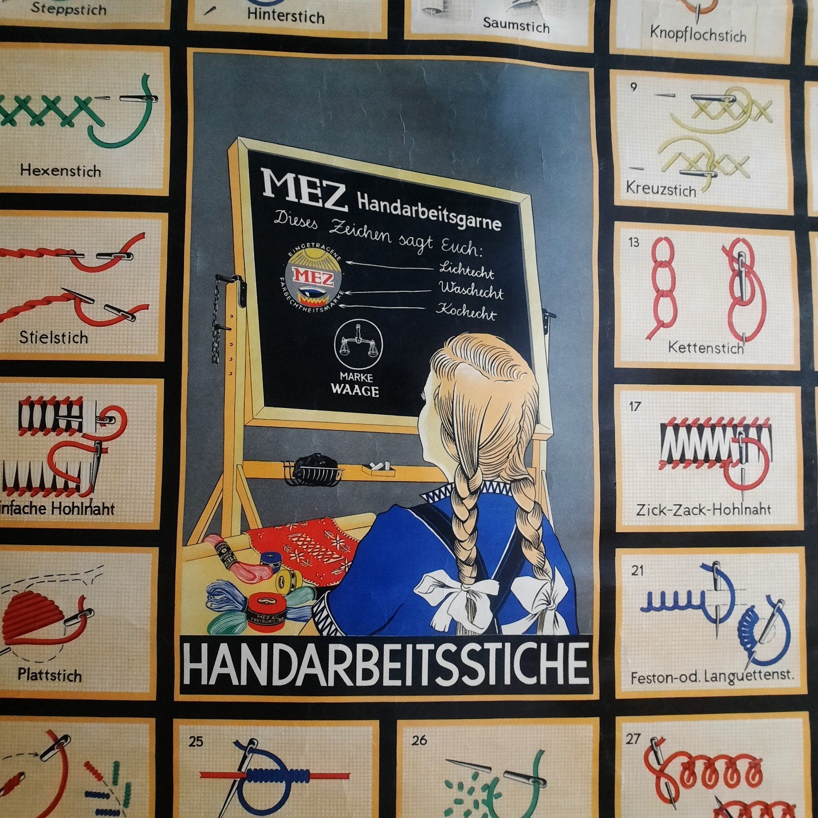 Vintage MEZ  Naai- en Borduursteken Wandkaart/ schoolplaat, Ophalen, Gebruikt, Overige typen