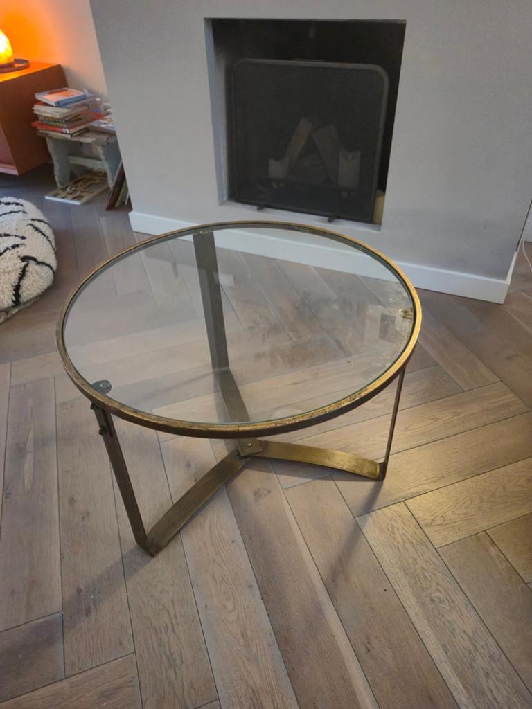 Ronde glazen salontafel van messing goud, Huis en Inrichting, Ophalen, 50 tot 100 cm, Rond, 50 tot 100 cm