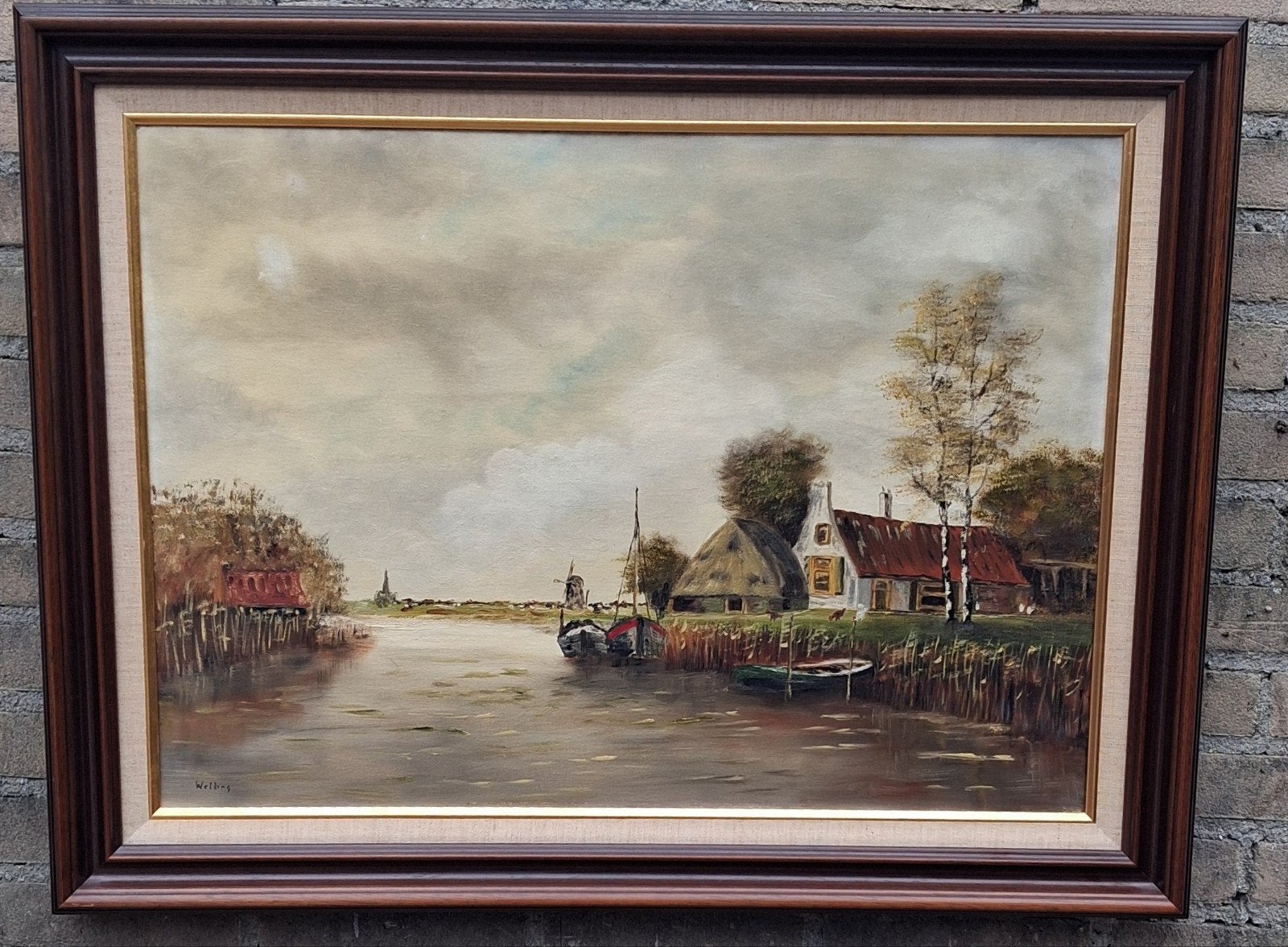 Welling, Boerderij a/d Vaart. Olie/doek. 85/65 cm., Antiek en Kunst, Kunst | Schilderijen | Modern, Handgeschilderd, Olieverf