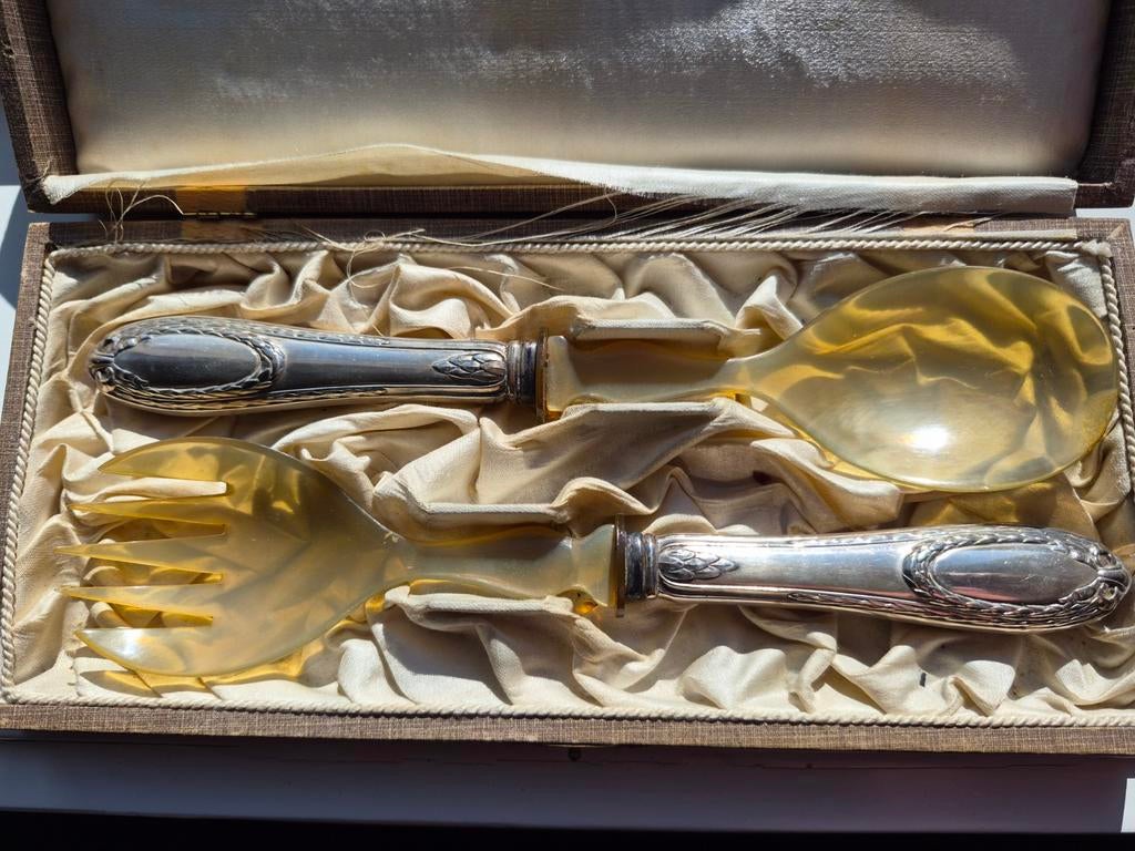 Antiek verzilverd slacouvert in originele doos uit 1930, Antiek en Kunst, Antiek | Goud en Zilver, Ophalen of Verzenden