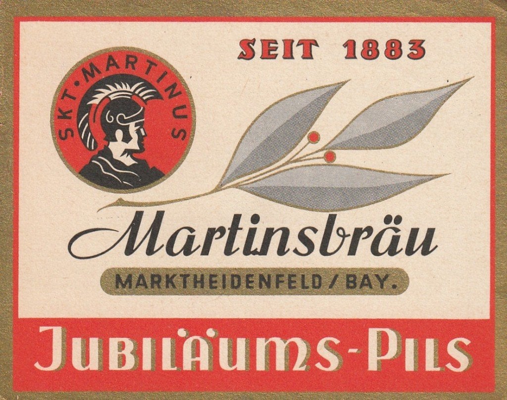 oud bieretiket Duitsland Martinsbräu : Jubiläums-Pils (b), Verzamelen, Verzenden, Gebruikt, Overige typen, Overige merken