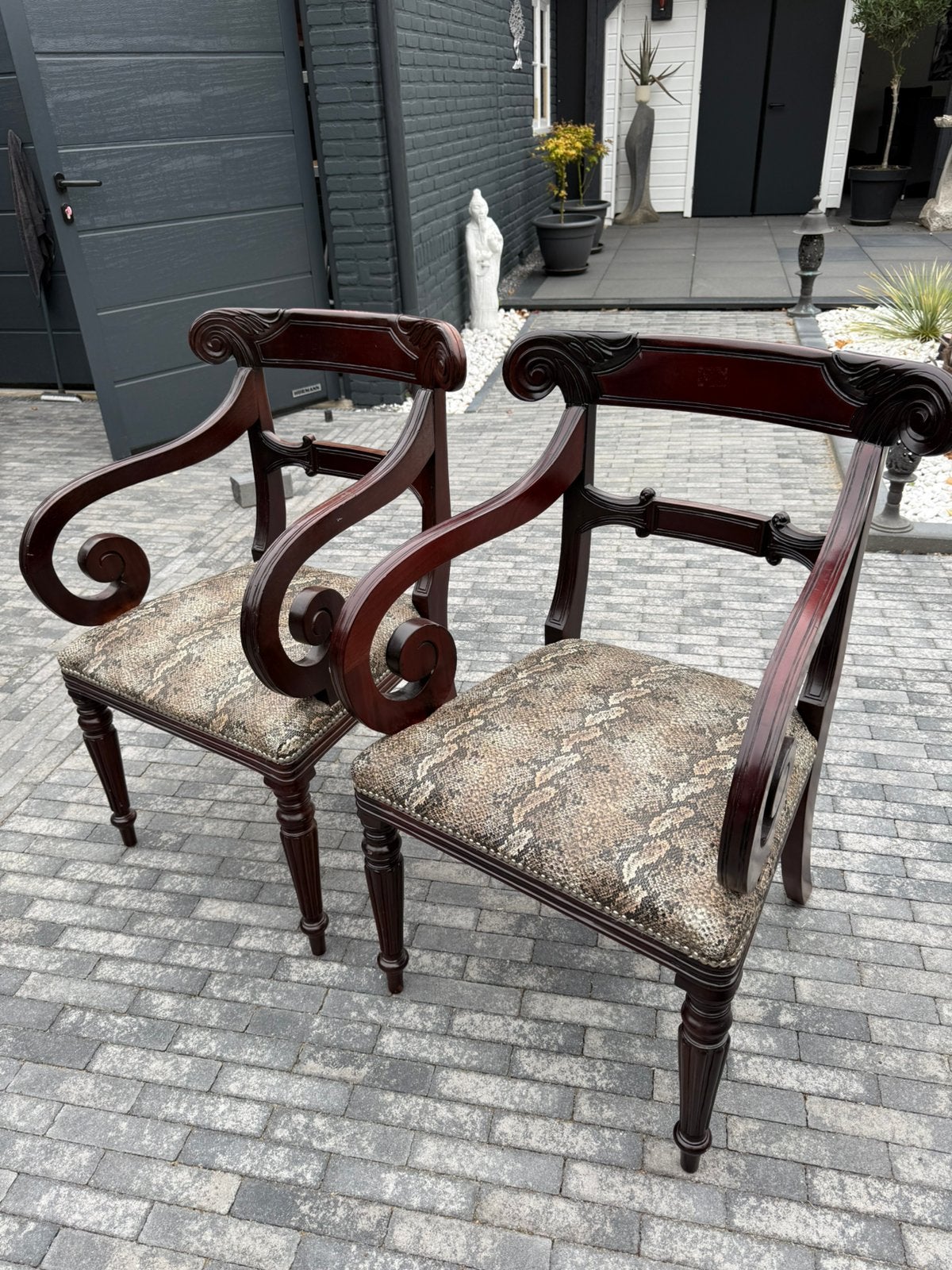 Twee antieke Engelse Mahonie stoelen met slangenmotief, Ophalen