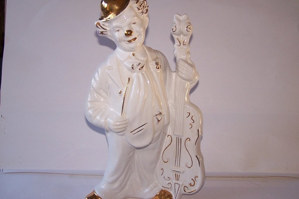 Vintage Clown Beeld met Contrabas - Wit en Goud, Verzamelen, Ophalen of Verzenden, Gebruikt, Mens