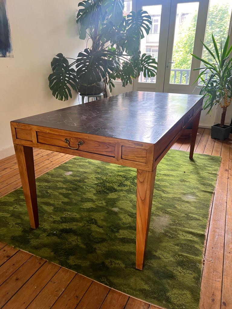Houten eettafel met ruitpatroon (200x90x79cm) en 4 lades, Ophalen, Gebruikt, 50 tot 100 cm, 150 tot 200 cm