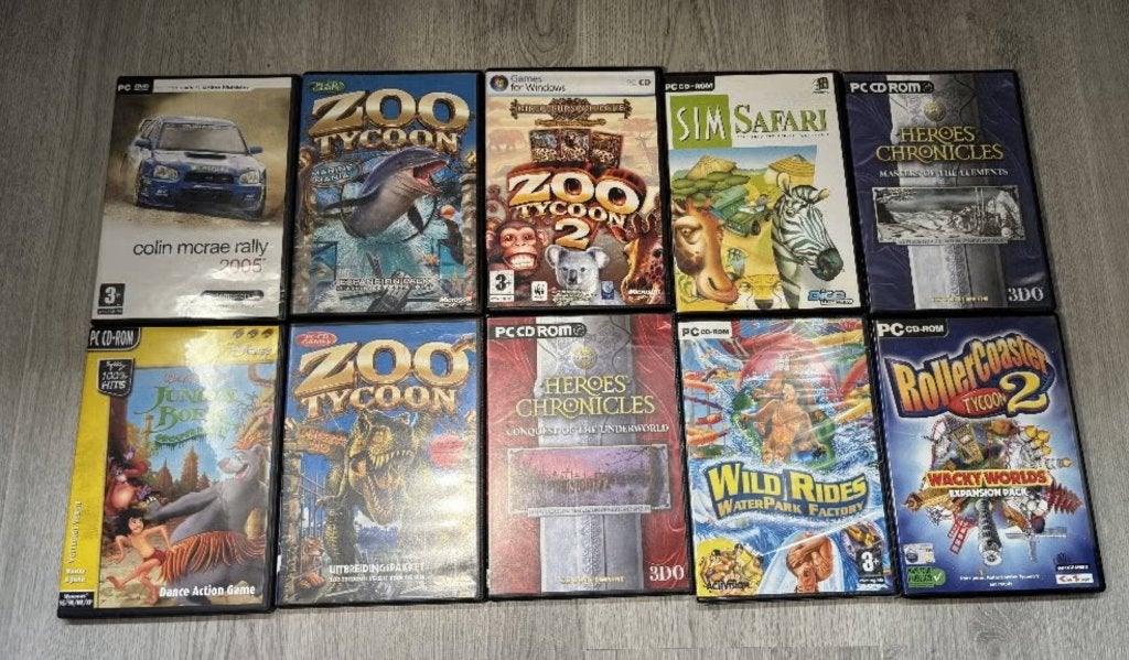 10x PC Games: RollerCoaster Tycoon, Zoo Tycoon en meer, Gebruikt, 1 speler, Ophalen of Verzenden, Vanaf 3 jaar