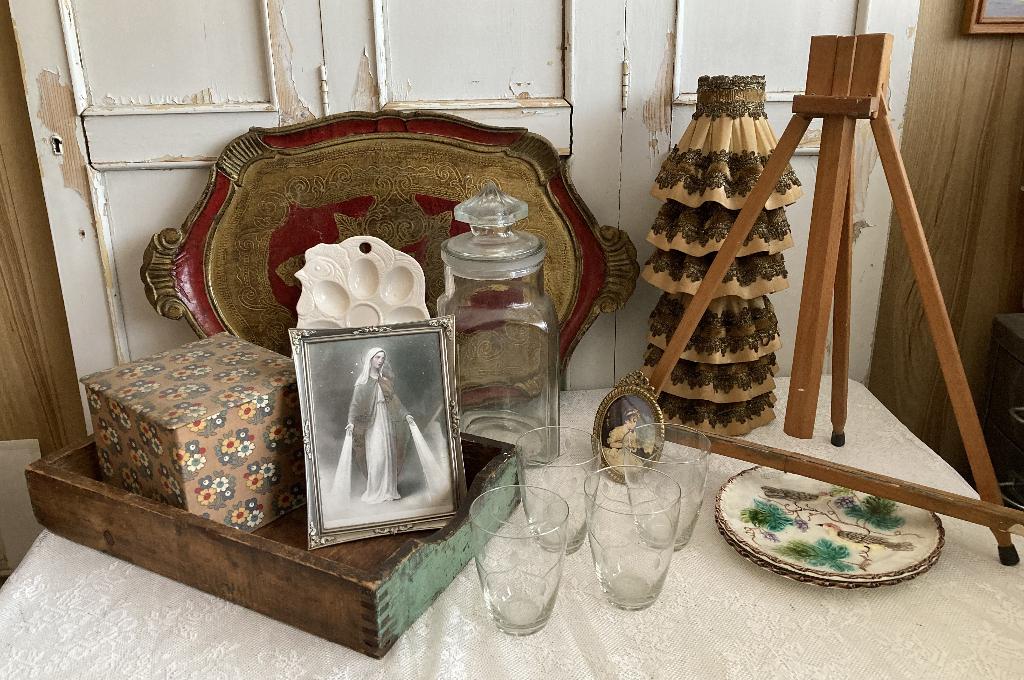 Brocante Florentijns dienblad - lampenkapjes - tafelezeltje, Antiek en Kunst, Ophalen of Verzenden