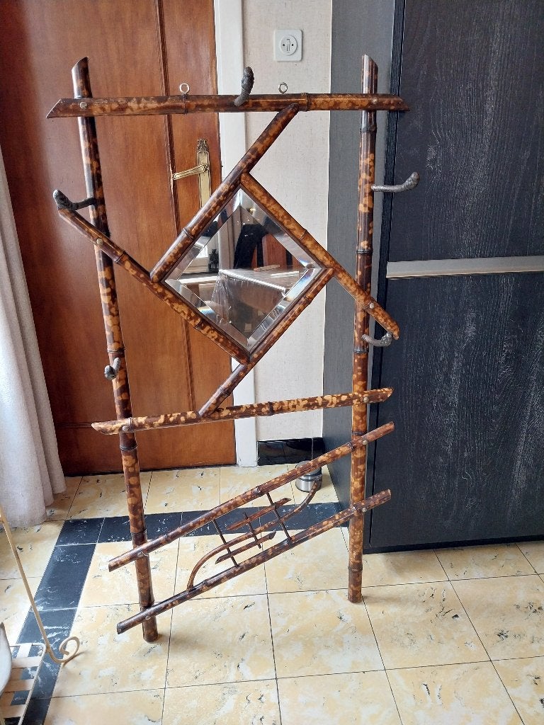 Vintage bamboe kapstok met spiegel, Huis en Inrichting, Woonaccessoires | Kapstokken, Gebruikt, 100 tot 150 cm, Hout, Ophalen