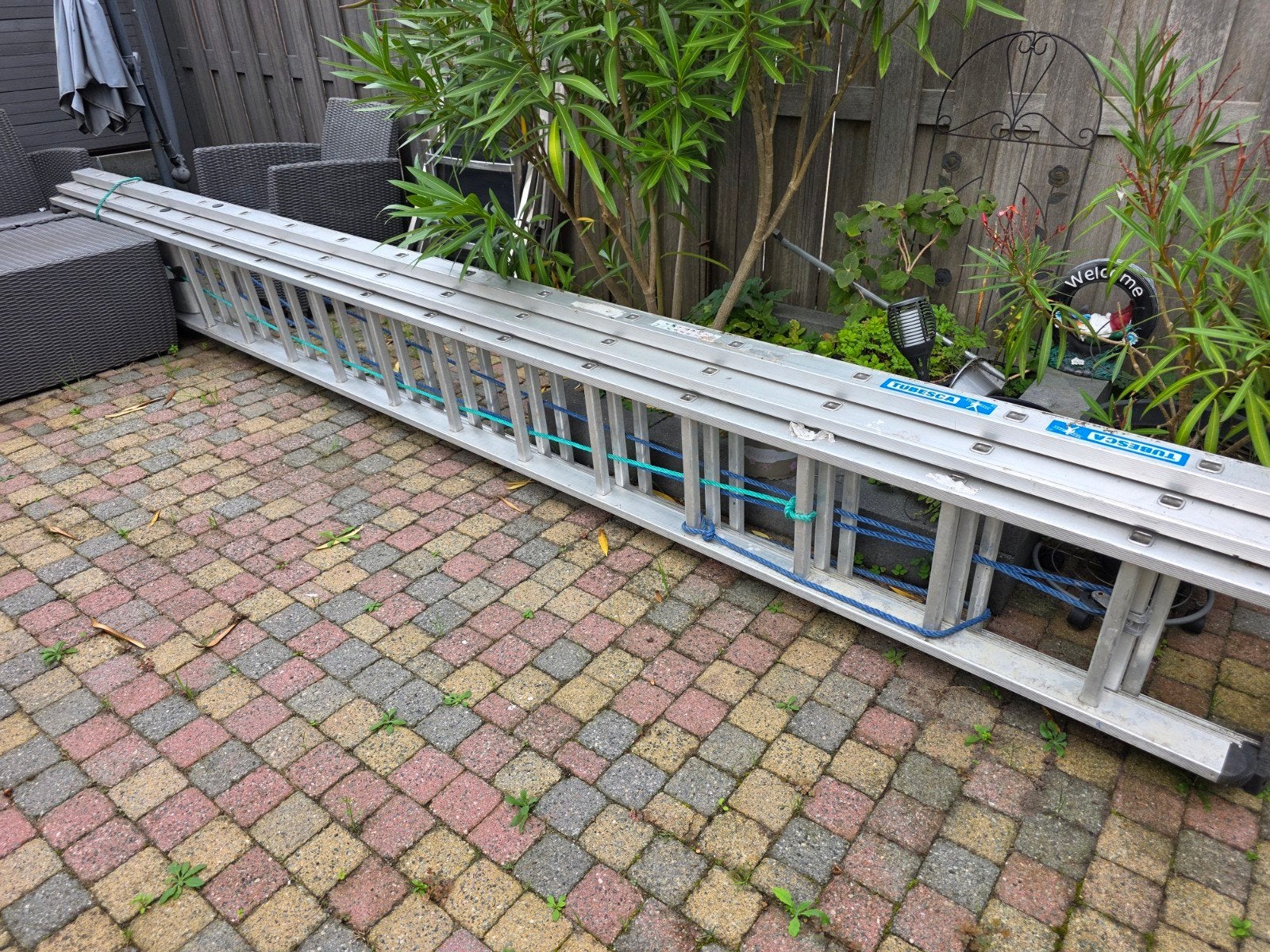 Professionele 3-delige aluminium schuifladder van Tubesca., Ophalen, 4 meter of meer