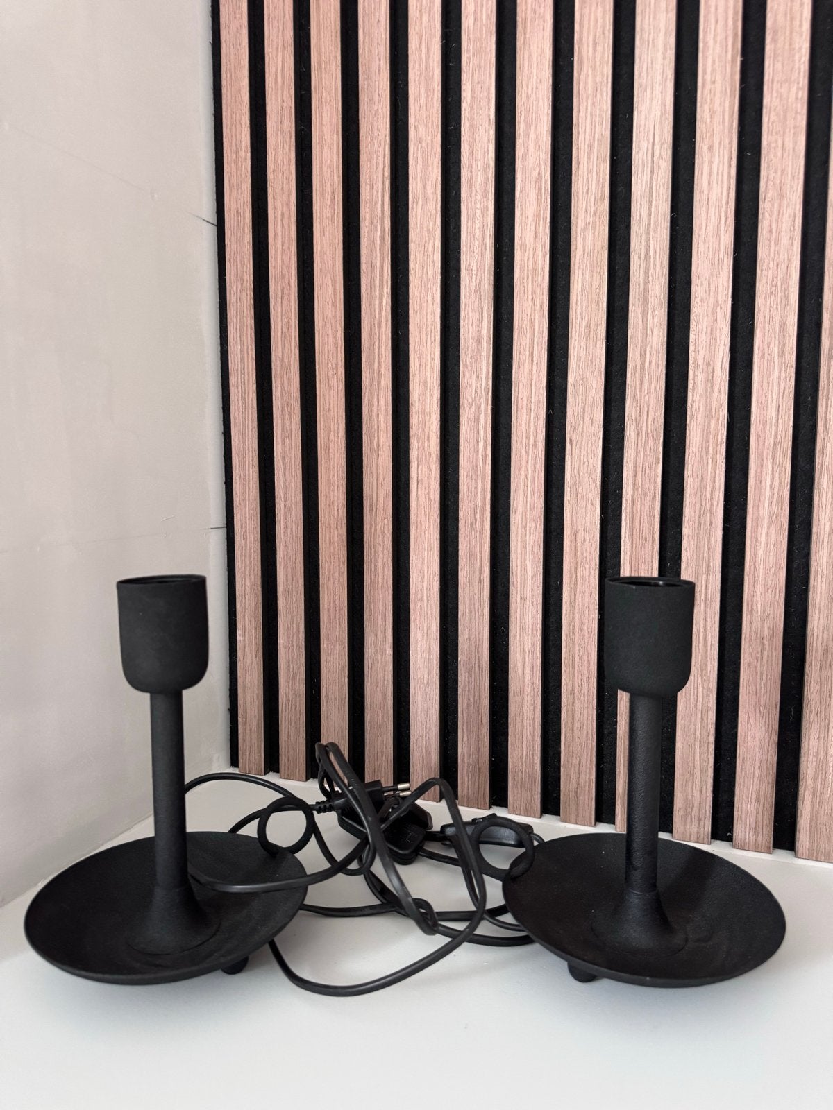 Zwarte stalen kandelaar lamp minimalistisch design (2 stuks), Gebruikt, Zwart, Ophalen of Verzenden, Metaal