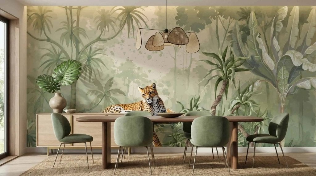 Jungle behang – luipaard tussen tropisch groen op maat, Overige merken, Ophalen of Verzenden, Fotobehang, Dieren