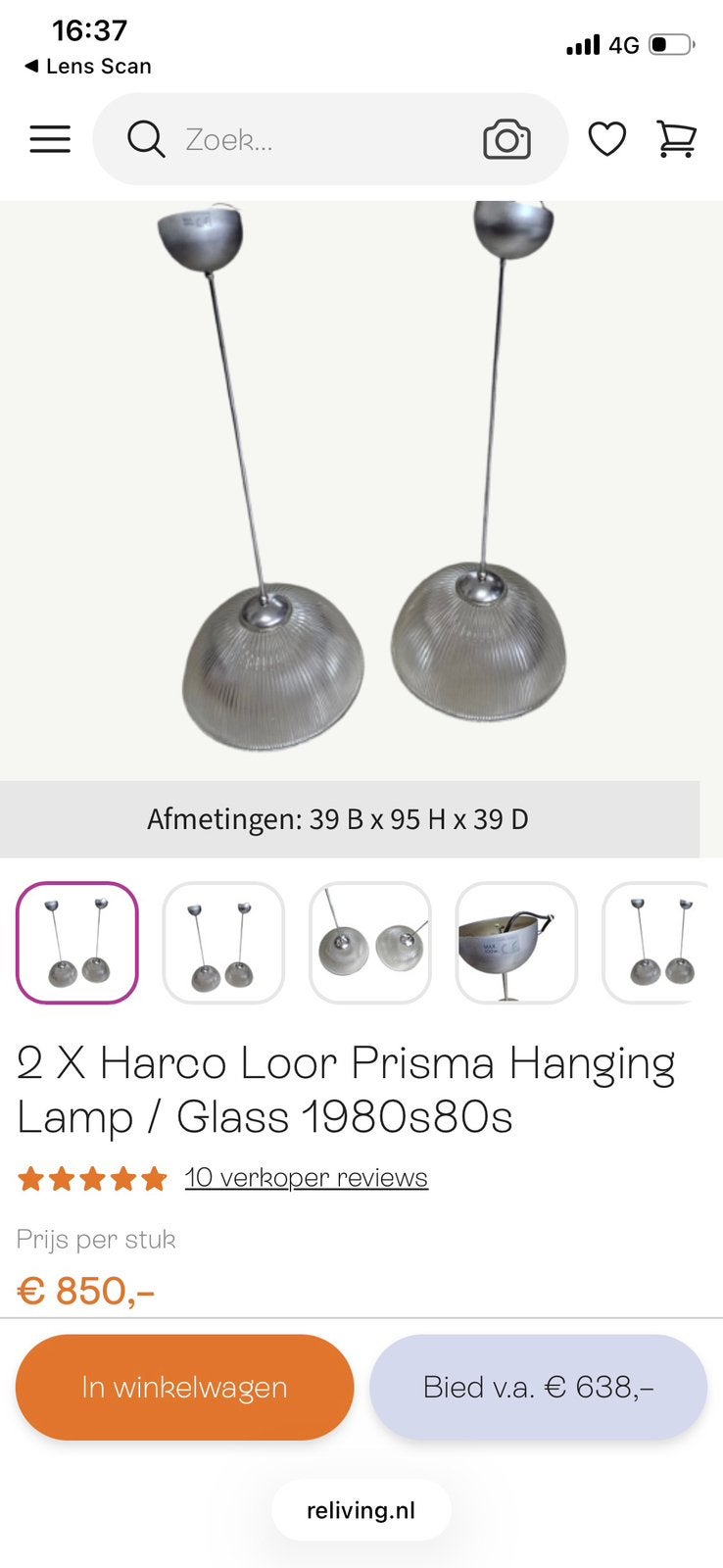 Twee vintage Harco Loor hanglampen, Ophalen, E27 (groot), Zo goed als nieuw, Glas