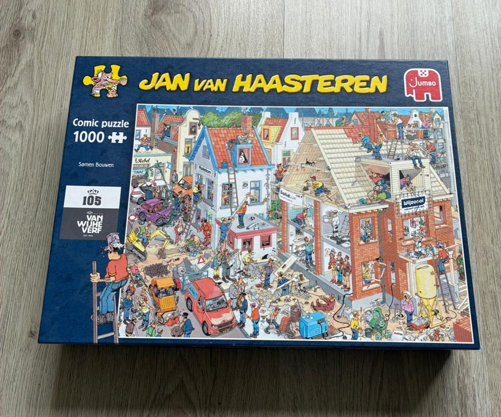 Jan van Haasteren puzzel 1000 stukjes “Samen Bouwen”, Ophalen of Verzenden, 500 t/m 1500 stukjes, Zo goed als nieuw