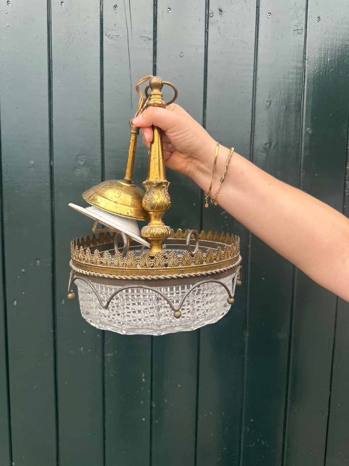 Antieke messing en glazen plafondlamp, Ophalen of Verzenden