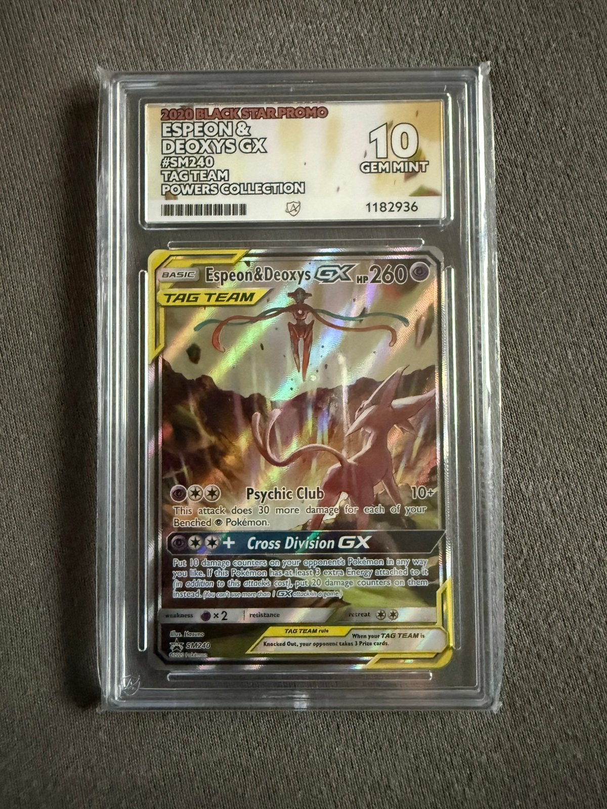 Espeon & Deoxys GX #SM240 -ACE 10- TAG TEAM, Ophalen, Zo goed als nieuw, Losse kaart, Foil