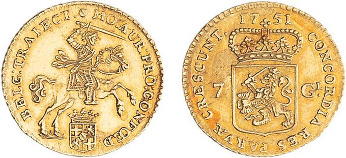 Halve gouden rijder Utrecht 1751 hoge kwaliteit, Vóór koninkrijk, Losse munt, Goud, Overige waardes